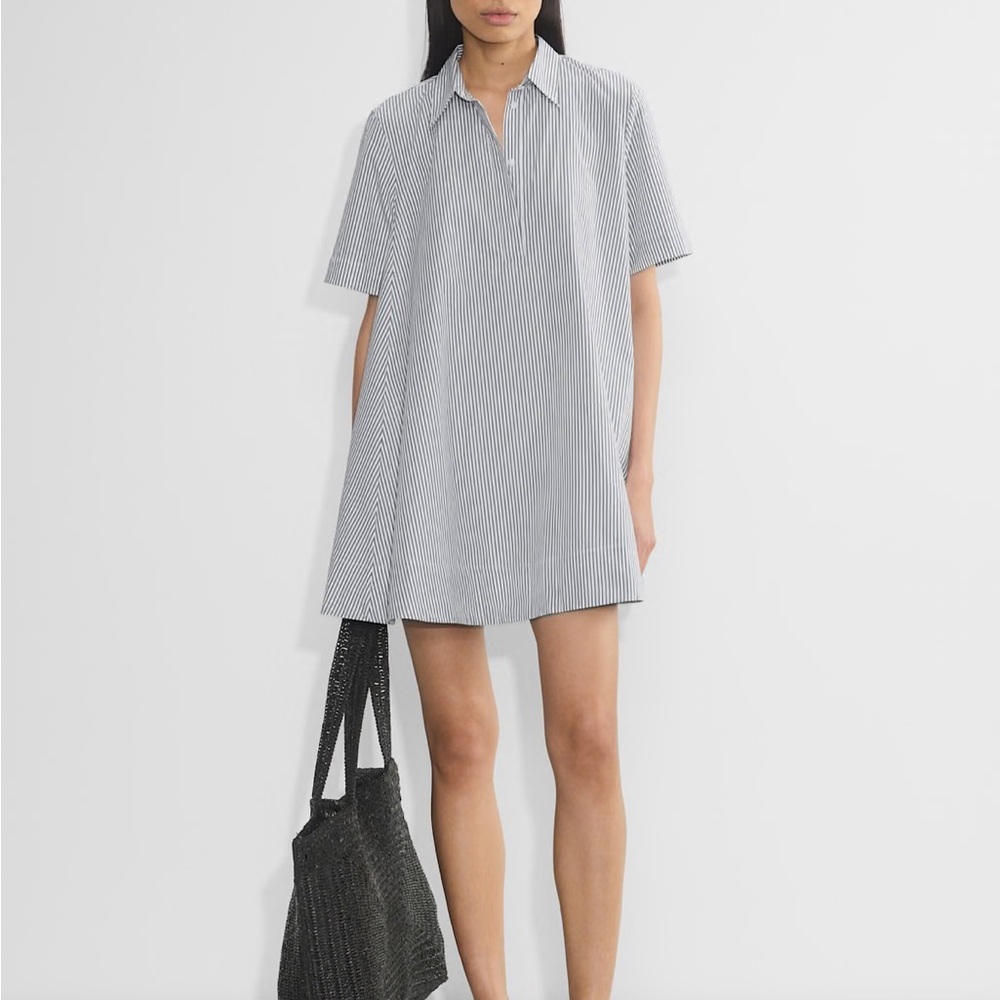 Aritzia Women's Short-Sleeve Striped Poplin Mini Dress in White and Grey